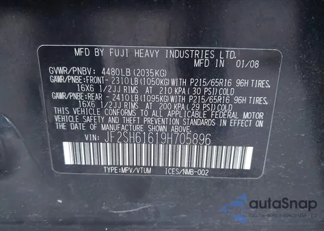 2009 Subaru Forester (Natl) X z USA, uszkodzony, nr VIN JF2SH61619H705896